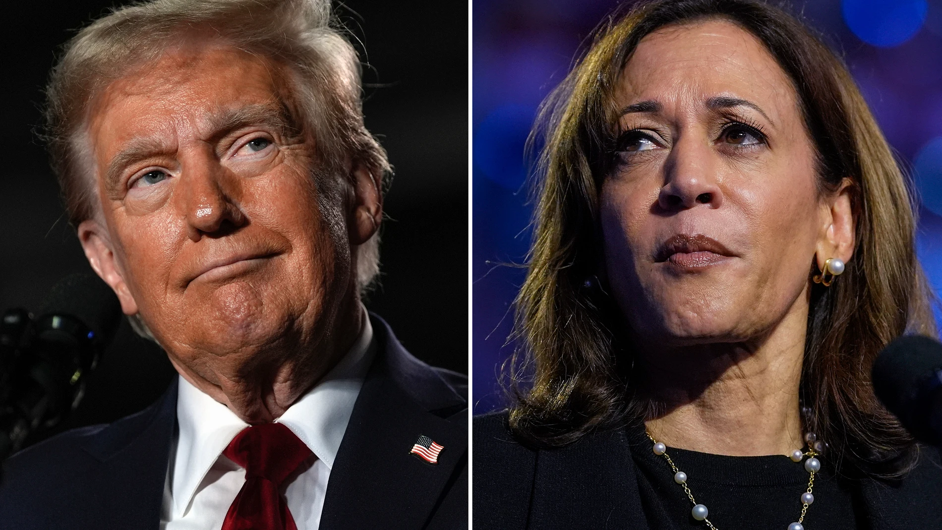 This combination of file photos shows Republican presidential nominee former President Donald Trump speaking a campaign rally in Warren, Mich., on Nov. 1, 2024, and Democratic presidential nominee Vice President Kamala Harris, left, speaking at a campaign rally in Madison, Wis., on Oct. 30, 2024. (AP Photo)