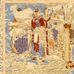 Fresco del palacio omeya de Qusayr Amra en el que se representa al último rey visigodo Rodrigo (segundo por la izquierda)