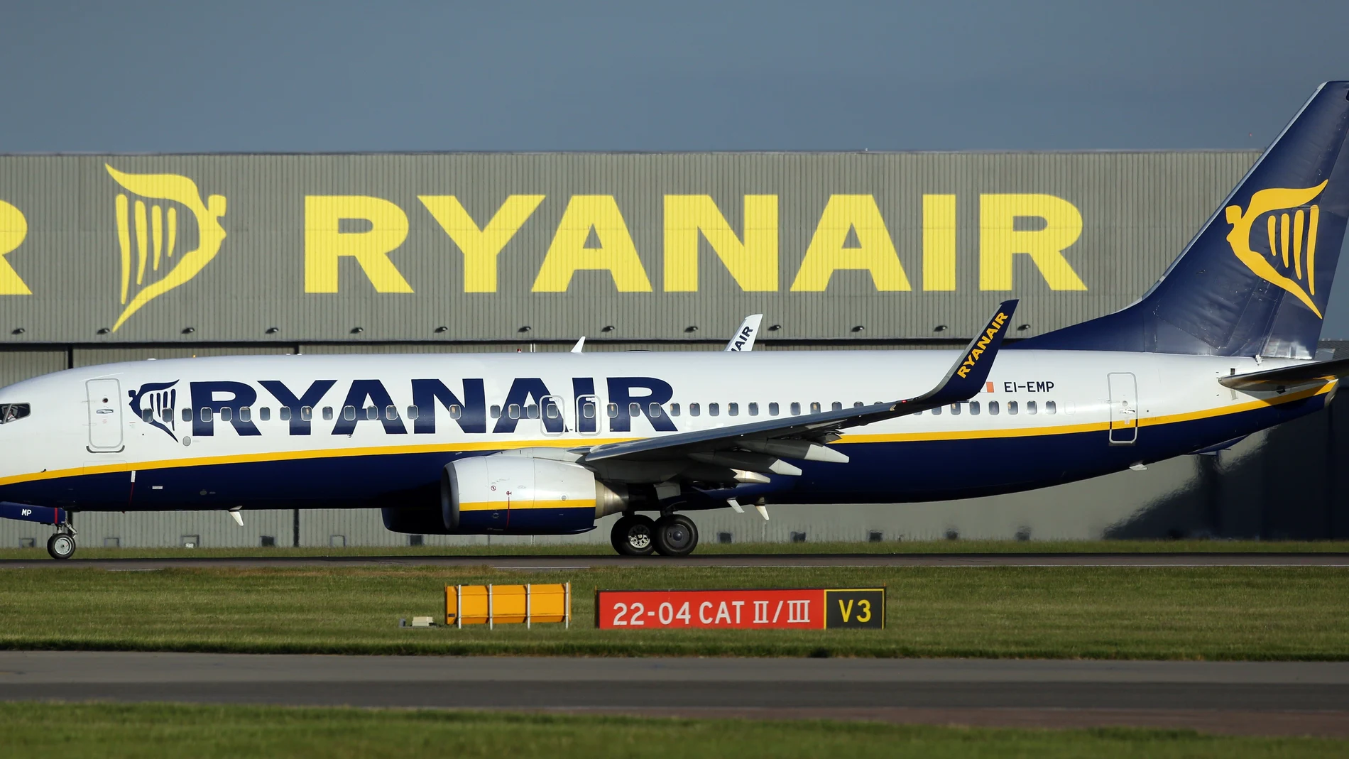 A Ryanair passenger plane stands at Stansted Airport in Essex.