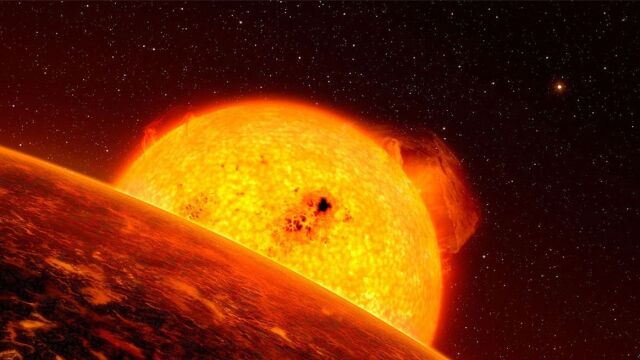 Representación de una gigante roja devorando un planeta