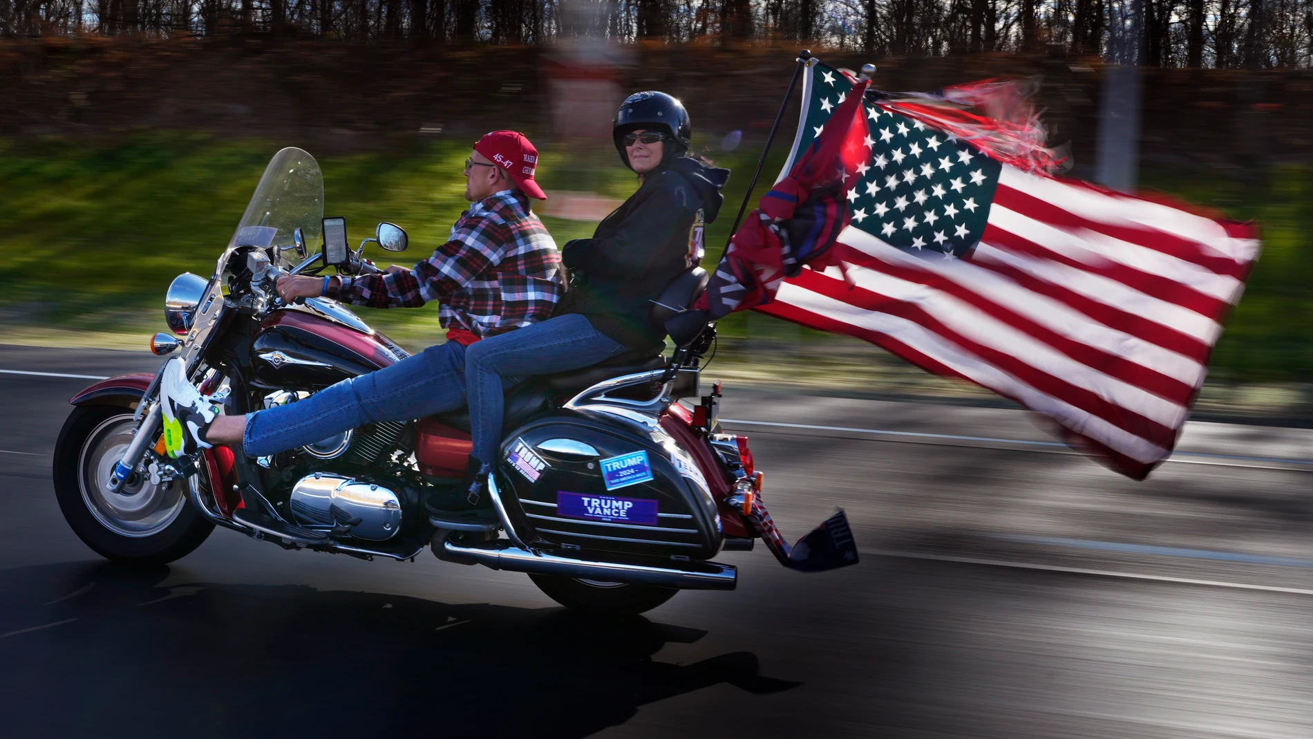 Bikers show their support for President-elect Donald Trump while riding on I-84, Wednesday, Nov. 6, 2024, near Lords Valley, Pa. (AP Photo/Robert F. Bukaty)