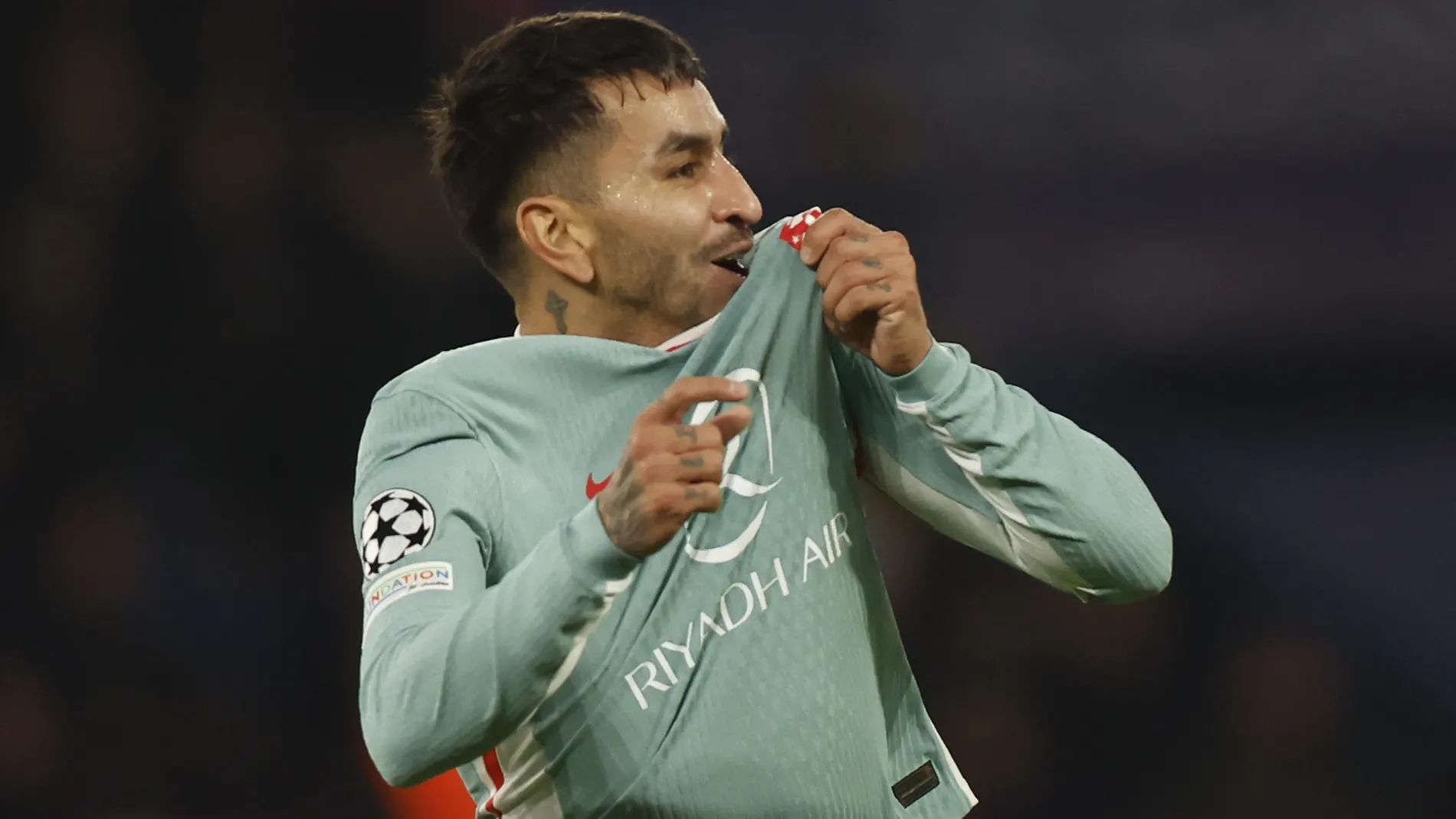 Paris (France), 06/11/2024.- Angel Correa of Atletico celebrates scoring the 1-2 goal during the UEFA Champions League league phase match between Paris Saint-Germain and Atletico Madrid, in Paris, France, 06 November 2024. (Liga de Campeones, Francia) EFE/EPA/MOHAMMED BADRA