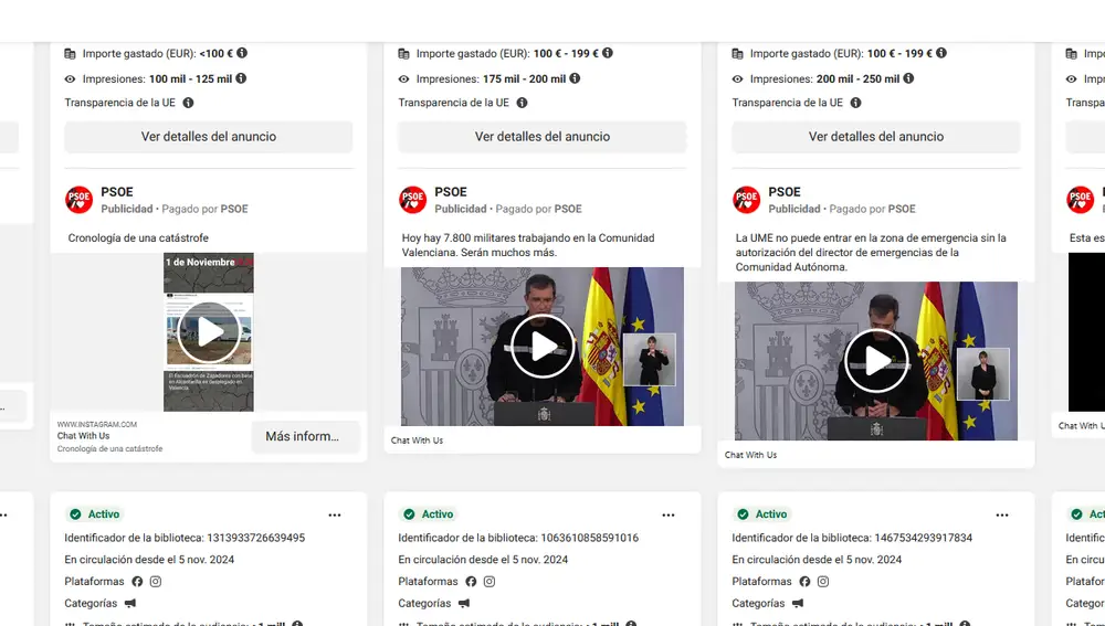 Publicidades pagadas por el PSOE en META en noviembre de 2024
