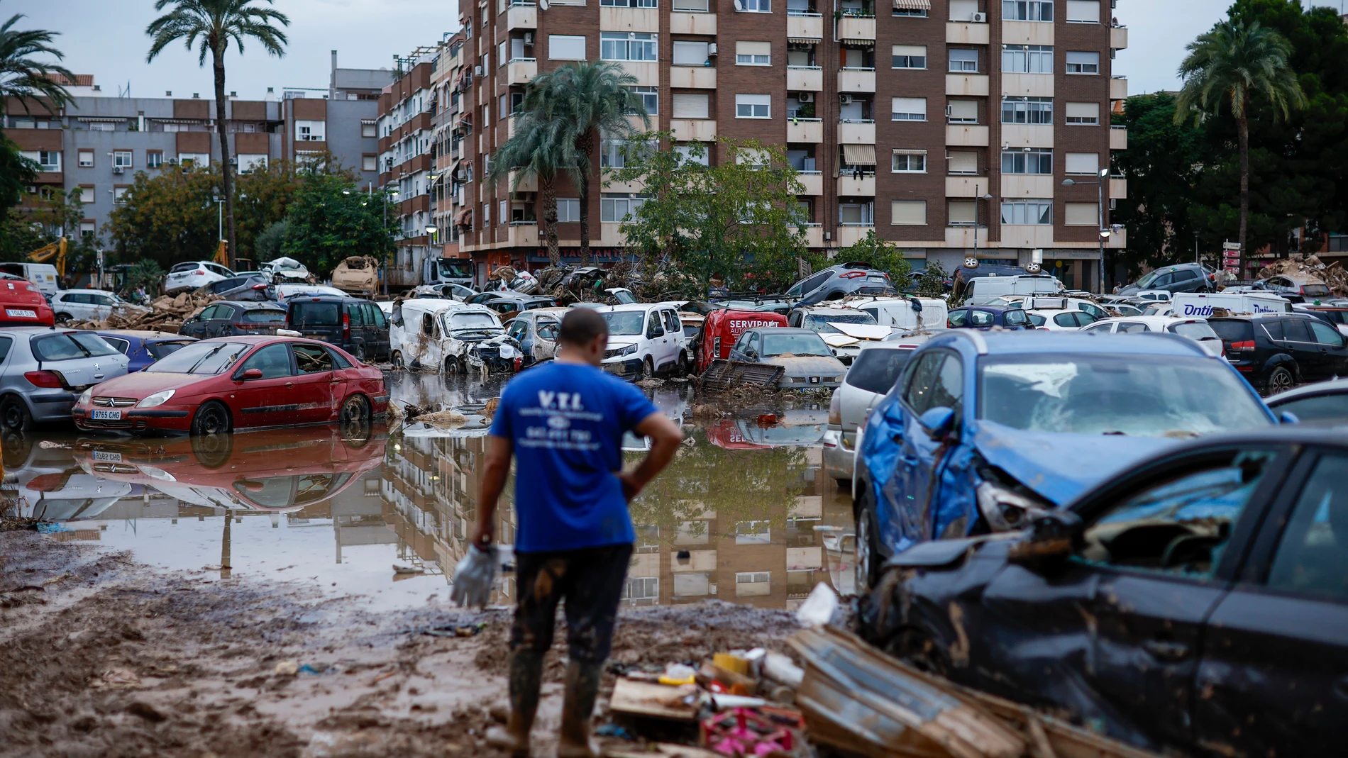 PAIPORTA (VALENCIA), 08/11/2024.- Un hombre junto a varios coches, arrastrados por el agua tras el paso de la dana, en Paiporta este viernes. La Unidad Militar de Emergencias (UME) sitúa en los municipios valencianos de Paiporta, Chiva, Catarroja y Massanassa la situación "más crítica" por la dana y que está requiriendo un mayor número de actuaciones por parte de las fuerzas armadas que trabajan en casi 600 misiones diferentes en 72 localidades. EFE/ Biel Aliño