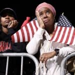 Supporters of US Vice President and Democratic presidential candidate Kamala Harris react during an election night event at Howard University in Washington, DC, on November 5, 2024. (Photo by CHARLY TRIBALLEAU / AFP)