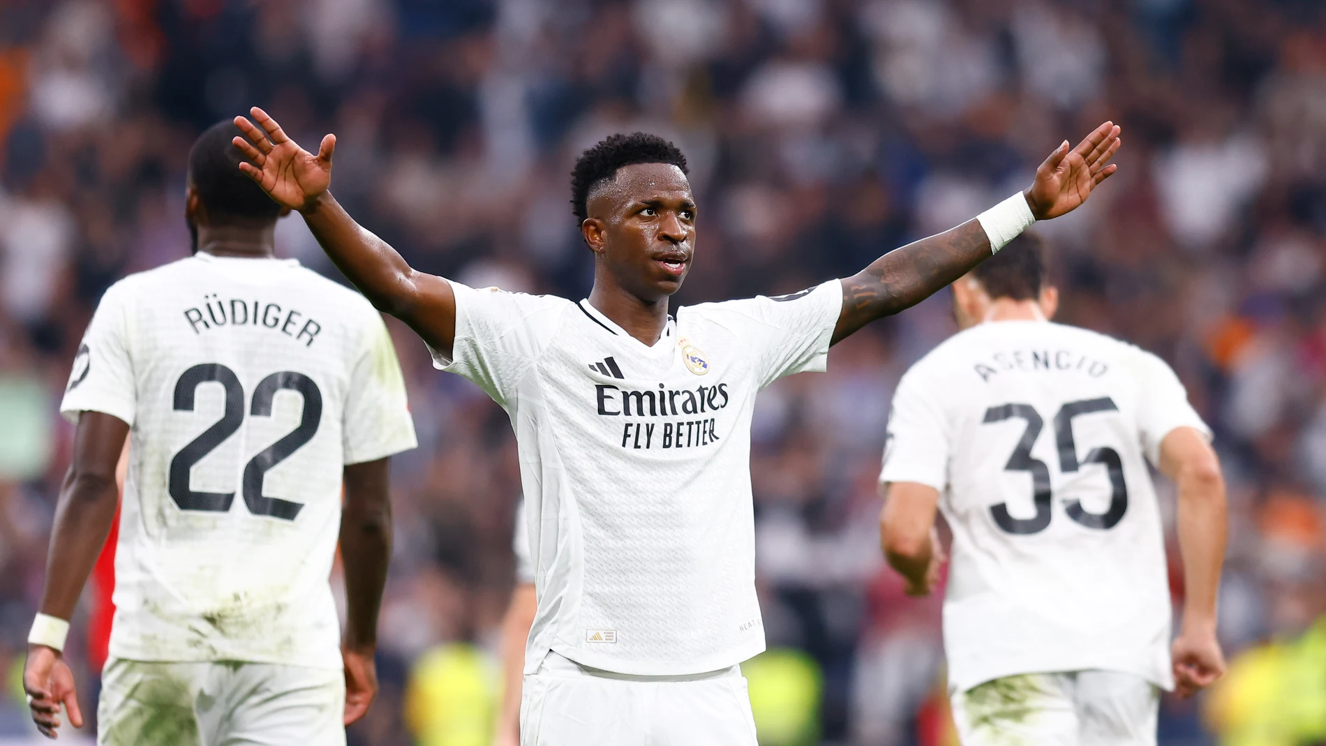 Vinicius Junior of Real Madrid celebrates a goal during the Spanish League, LaLiga EA Sports, football match played between Real Madrid and CA Osasuna at Santiago Bernabeu stadium on November 9, 2024, in Madrid, Spain. AFP7 09/11/2024 ONLY FOR USE IN SPAIN