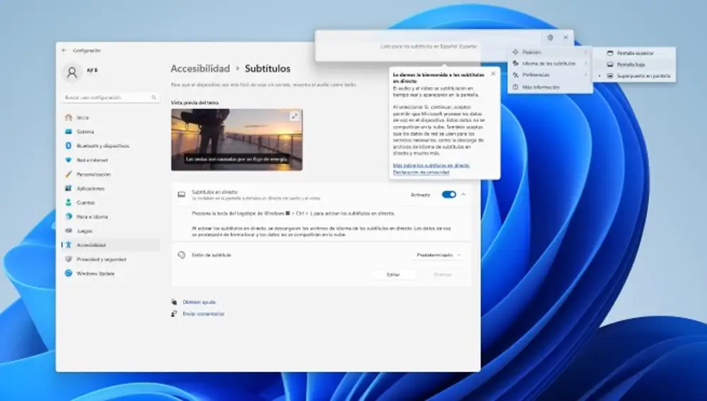 Activación de Subtítulos en directo.
