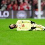 Álex Baena of Spain on the ground during the Nations League Round 5 match between Denmark against Spain at Parken, Copenhagen, Denmark on November 15, 2024. 