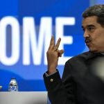 Venezuelan president Nicolas Maduro gestures during the closing session of the Antifascist Global Parliamentary Forum in Caracas.