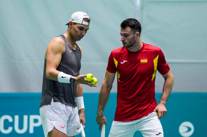 Rafael Nadal y Marcel Granollers en la jornada dominical de entrenamiento.