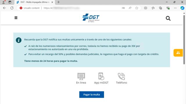 Ejemplo de mensaje de multa falsa