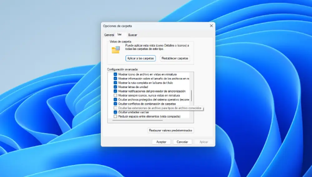 Opciones de carpeta del Explorador de Windows.