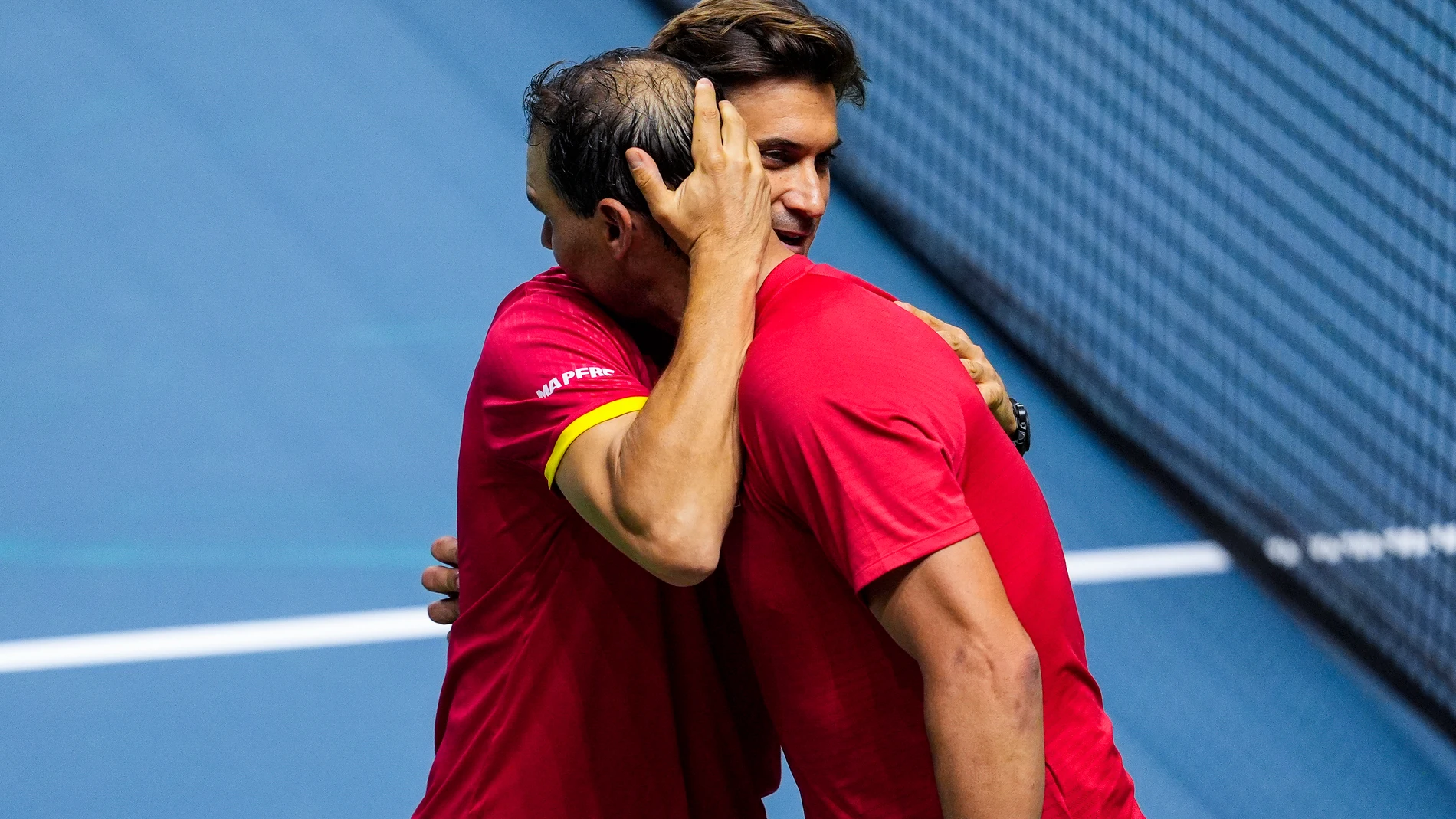 Rafael Nadal (R) greets David Ferrer (L) of Spain after loosing his singles match against Botic Van de Zandschulp of The Netherlands during the Davis Cup 2024 tennis match played between Spain and Netherlands at Martin Carpena Pavilion on November 19, 2024, in Malaga, Spain AFP7 19/11/2024 ONLY FOR USE IN SPAIN