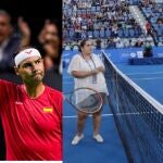 Nadal junto a una imagen en la que aparece con la periodista egipcia Reem Abulleil 