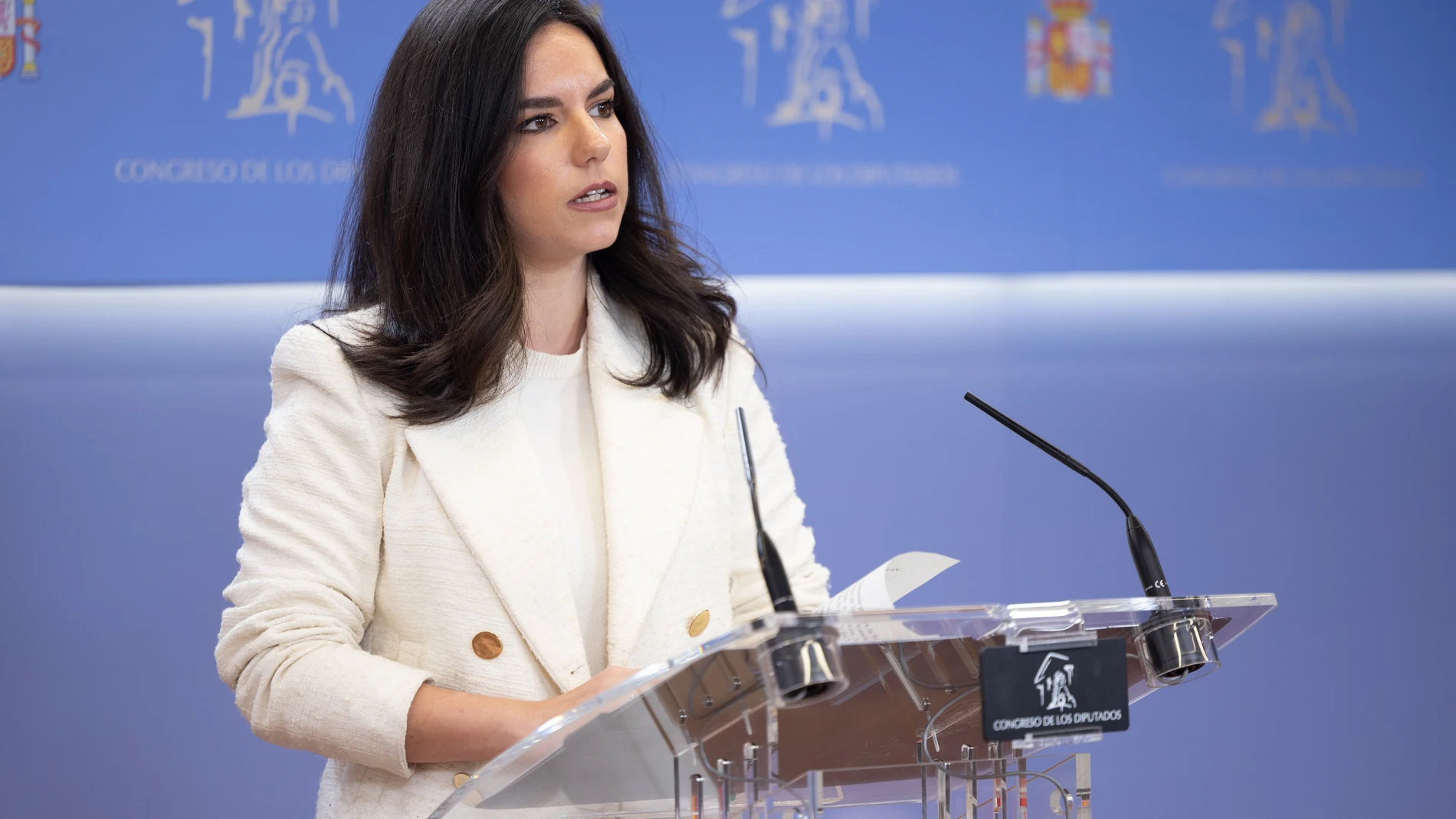 La portavoz de VOX en el Congreso, Pepa Millán, durante una rueda de prensa, en el Congreso de los Diputados, a 9 de enero de 2025, en Madrid (España). Durante la comparecencia, ha hablado sobre la declaración del hermano del presidente del Gobierno hoy y sobre la postura de VOX respecto a la toma de posesión en Venezuela. 09 ENERO 2025;VOX;PEPA MILLAN;CONGRESO Eduardo Parra / Europa Press 09/01/2025