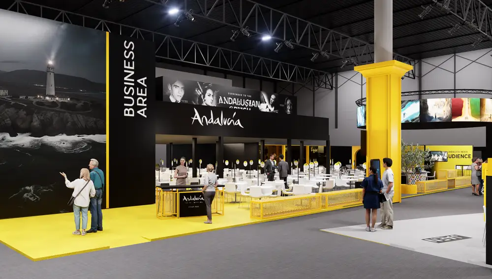 El área de negocios del pabellón de Andalucía en Fitur es una de las grandes apuestas de la región, que incrementa su espacio un 27%