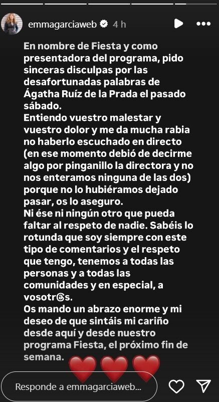 Emma García emite un comunicado tras las palabras de Ágatha Ruiz de la Prada 