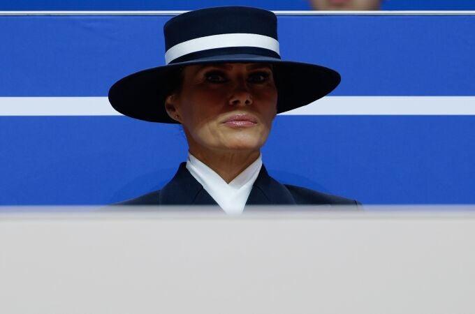 First lady Melania Trump looks on during an indoor inauguration parade at the Capitol One Arena in Washington, DC, USA, 20 January 2025. 