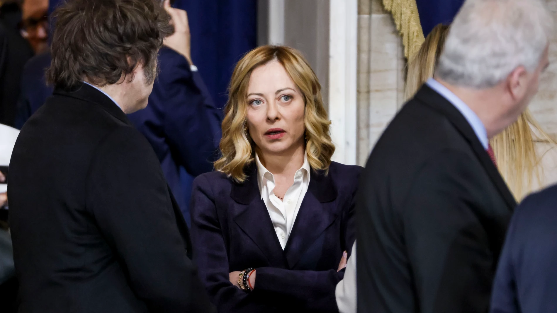 January 20, 2025, Washington, District Of Columbia, USA: Italy's Prime Minster Giorgia Meloni (C) and Argentina's President Javier Milei (L) attend Donald Trump's inauguration as the next President of the United States in the rotunda of the United States Capitol in Washington, DC, USA, 20 January 2025. Trump, who defeated Kamala Harris, is being sworn in today as the 47th president of the United States, though the planned outdoor ceremonies and events have been cancelled due to a forecast of ...