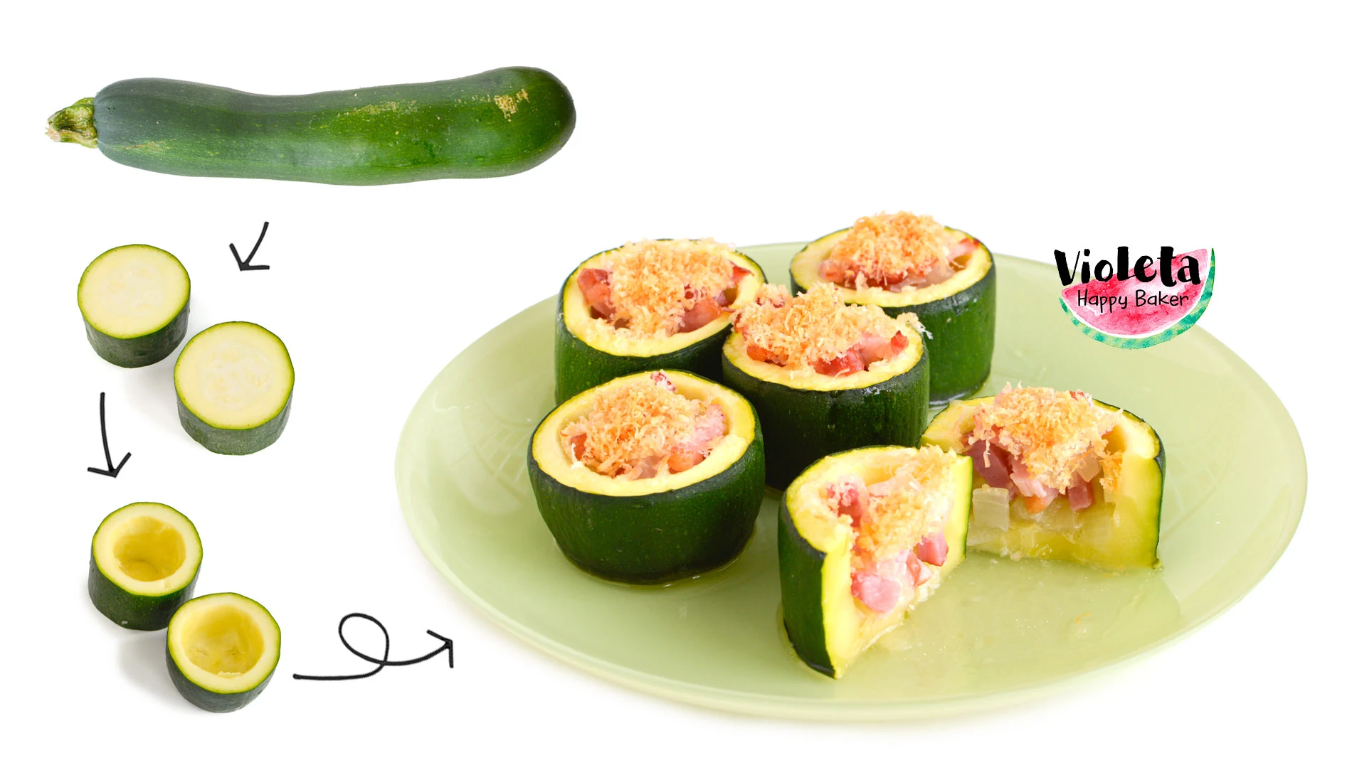 Plato con calabacín relleno y el paso a paso para prepararlo