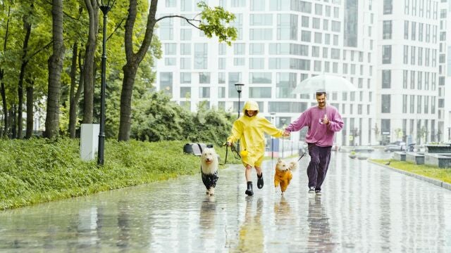 Pareja corriendo bajo la lluvia