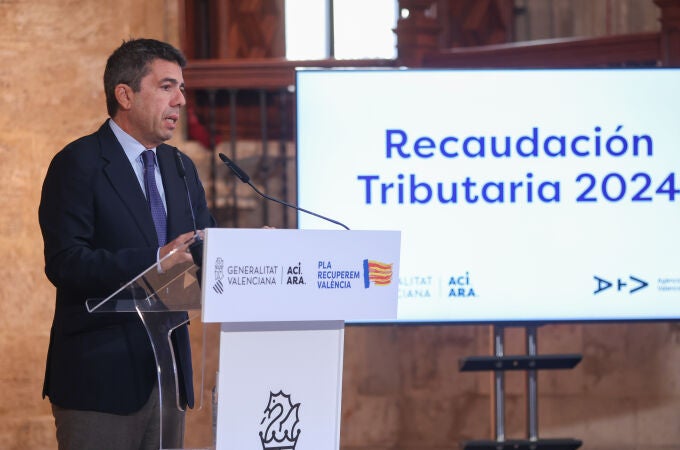 El presidente de la Generalitat, Carlos Mazón, durante la presentación de la recaudación tributaria