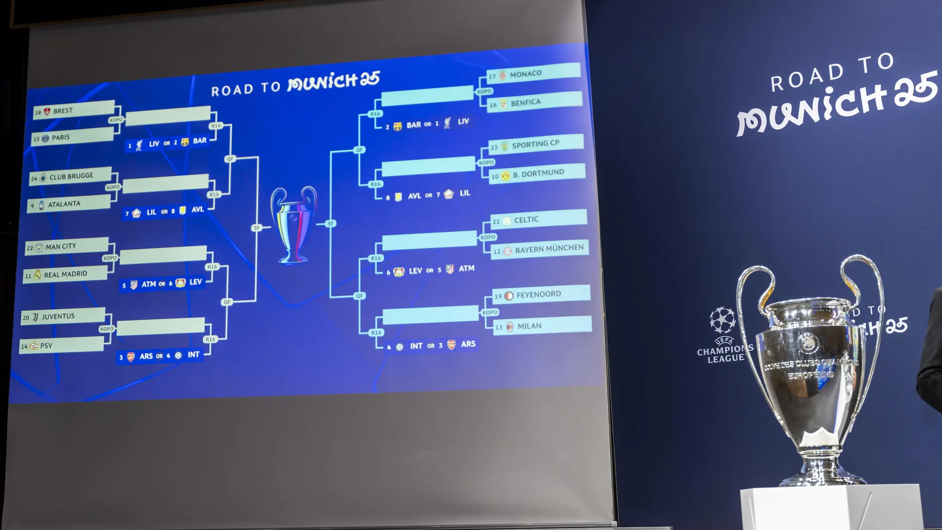 Nyon (Switzerland), 31/01/2025.- The fixtures are shown on a screen after the UEFA Champions League knockout phase play-off draw at the UEFA headquarters in Nyon, Switzerland, 31 January 2025. (Liga de Campeones, Suiza) EFE/EPA/MARTIAL TREZZINI