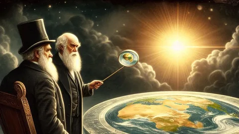 Charles Darwin observando un modelo de la Tierra plana.