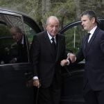 Spain's former King Juan Carlos arrives to attend the funeral of Prince Karim Al-Hussaini, the Aga Khan IV, at the Ismaili Muslim community center in Lisbon, Saturday, Feb. 8, 2025. 