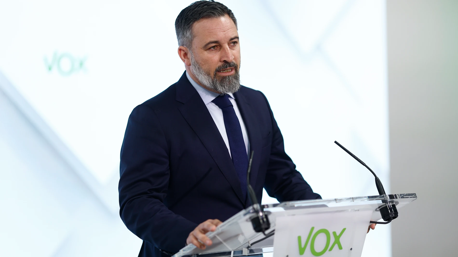 MADRID, 10/02/2025.-El líder de Vox, Santiago Abascal, en rueda de prensa posterior al Comité de Acción Política celebrado este lunes en la sede del partido, en Madrid. EFE/Rodrigo Jiménez
