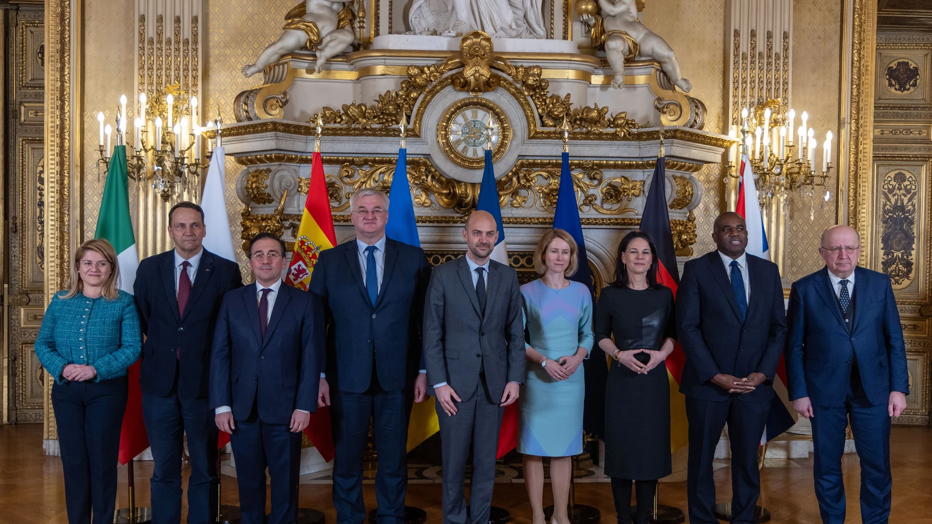 PARIS (France), 12/02/2025.- (L-R) Italian Undersecretary of State for Foreign Affairs Maria Tripodi, Polish Foreign Minister Radoslaw Sikorski, Spanish Foreign Jose Manuel Albares, Ukrainian Foreign Minister Andrii Sybiha, French Foreign Jean-Noel Barrot, High Representative for Foreign Affairs and Security Policy and Vice-President of the European Commission Kaja Kallas, German Foreign Minister Annalena Baerbock, British Foreign Secretary David Lammy, and European Commissioner for Defense a...