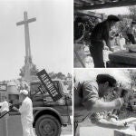 Operarios descargan maquinaria de obra y carteles en una foto fechada en 1964