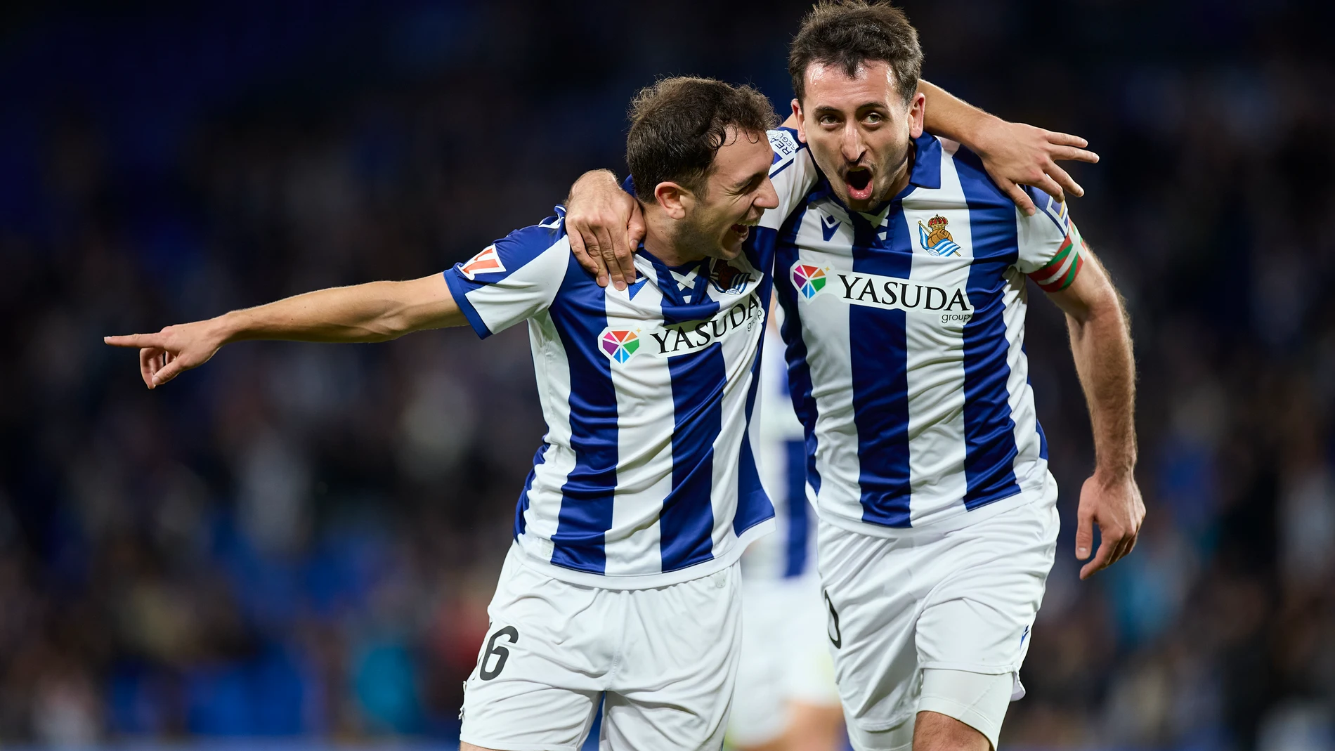 Jon Ander Olasagasti of Real Sociedad celebrates after scoring goal with Mikel Oyarzabal of Real Sociedad during the LaLiga EA Sports match between Real Sociedad and CD Leganes at Reale Arena on February 23, 2025, in San Sebastian, Spain. AFP7 23/02/2025 ONLY FOR USE IN SPAIN