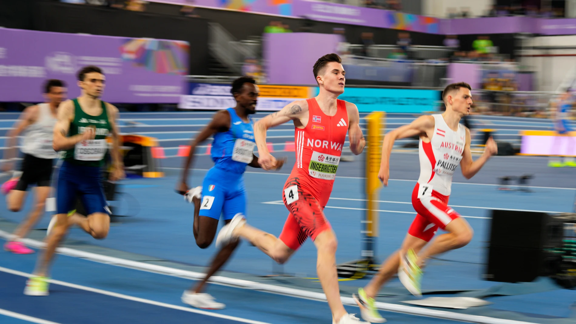 Jakob Ingebrigtsen, of Norway, runs to win a men's 1500 meters heat at the World Athletics Indoor Championships in Nanjing, China, Friday, March 21, 2025. (AP Photo/Dar Yasin)