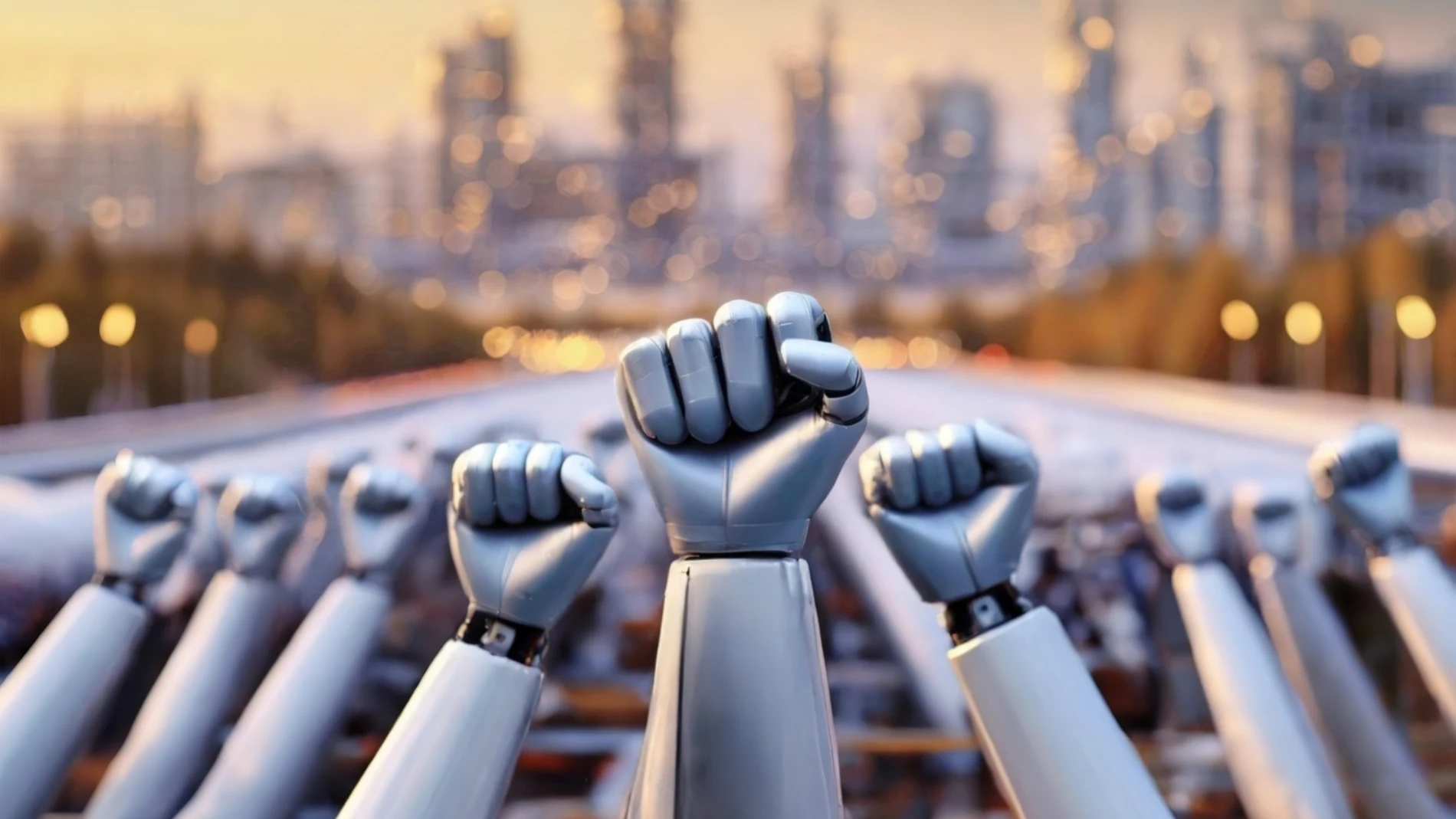 142 / 5.000 Una escena de manos robóticas alzadas en unidad en un entorno urbano futurista que simboliza la solidaridad y el avance tecnológico.