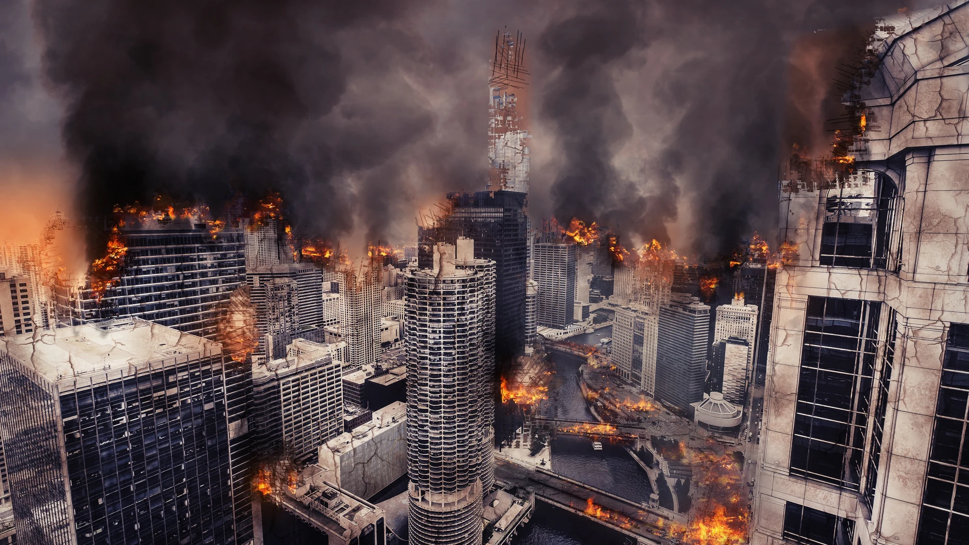 Ciudad destruida con un bombardeo