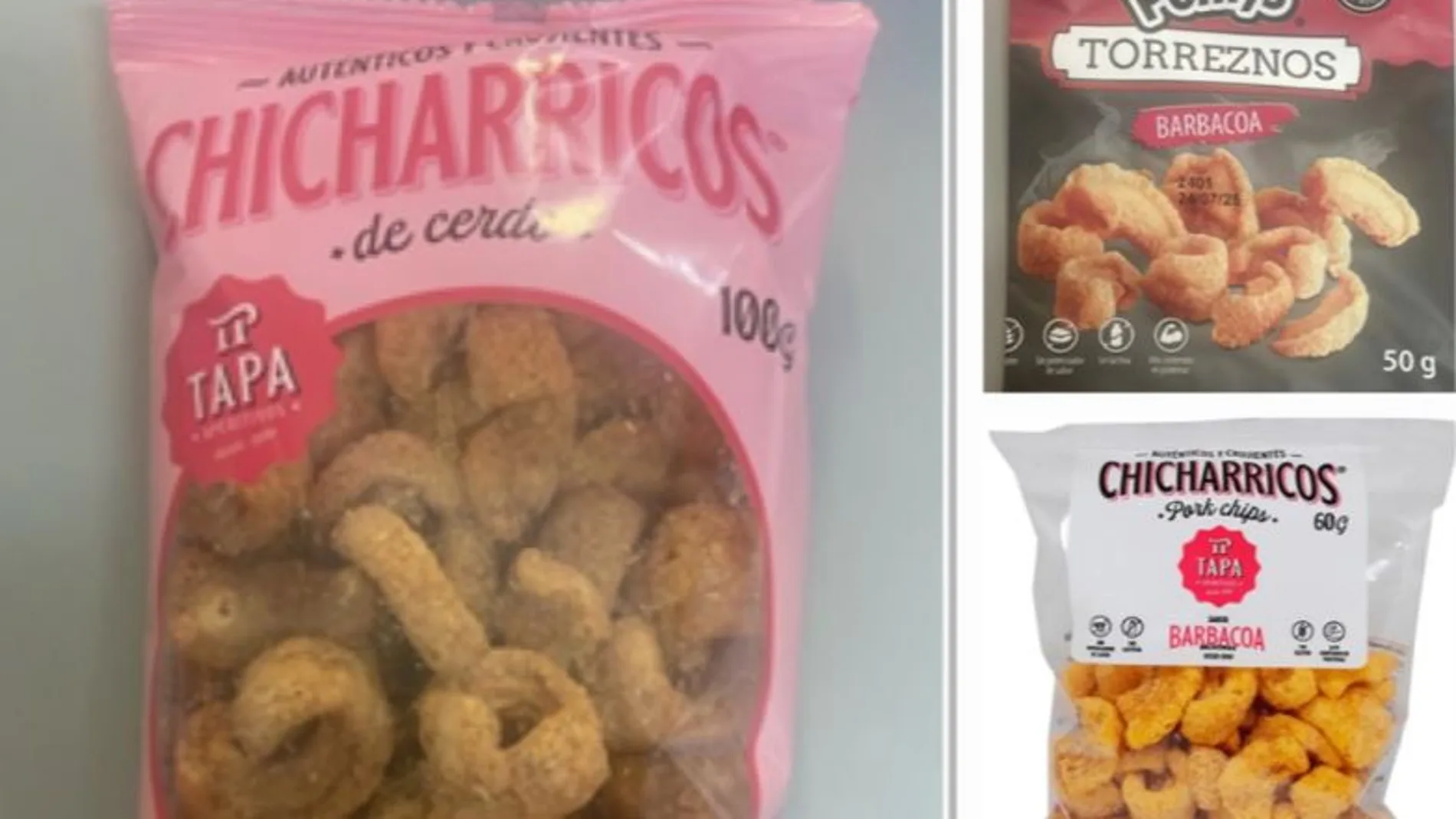 Varias marcas de torreznos que tienen lotes afectados por salmonela.