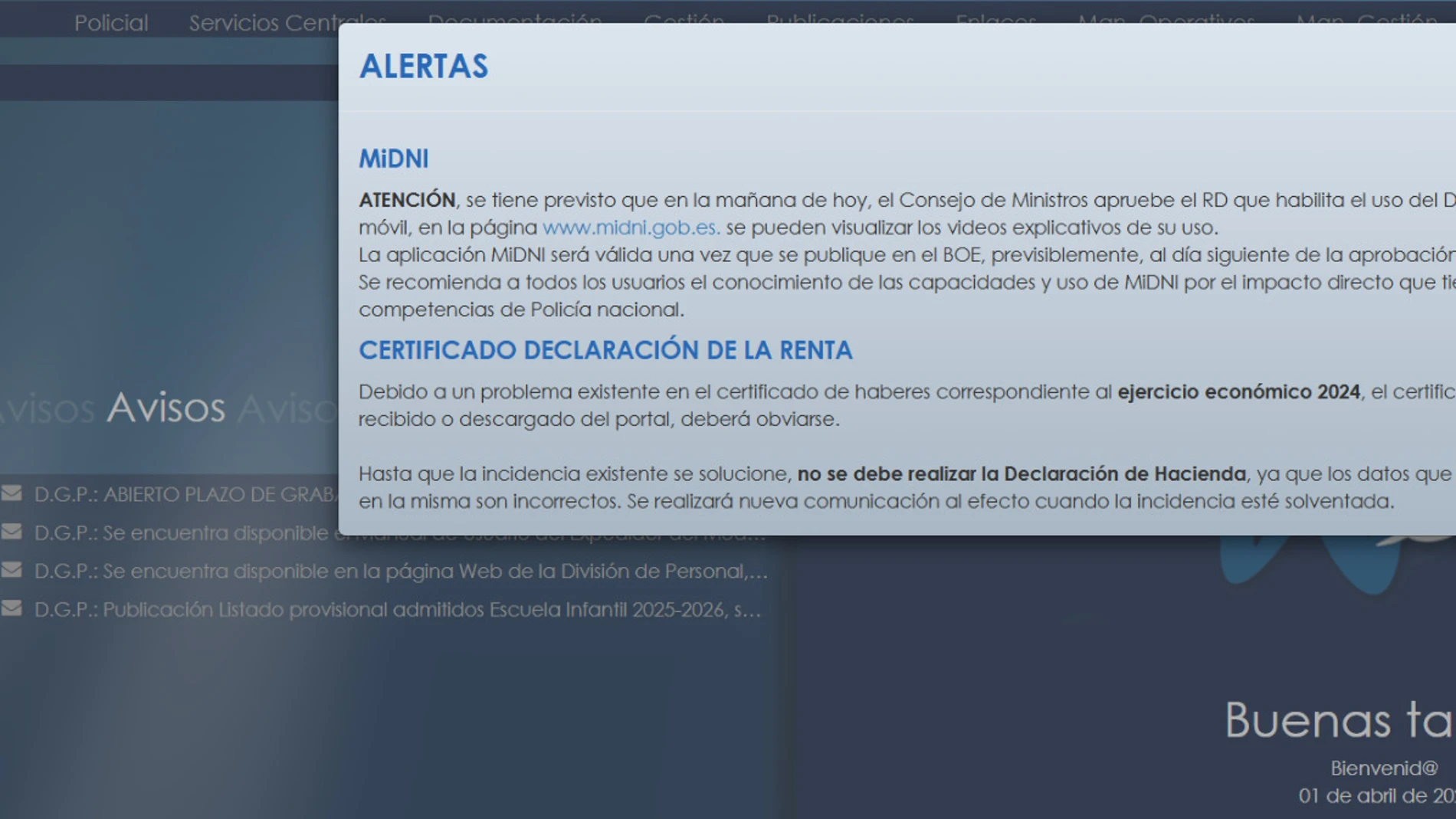 El mensaje que aparece en la intranet policial sobre el nuevo DNI digital