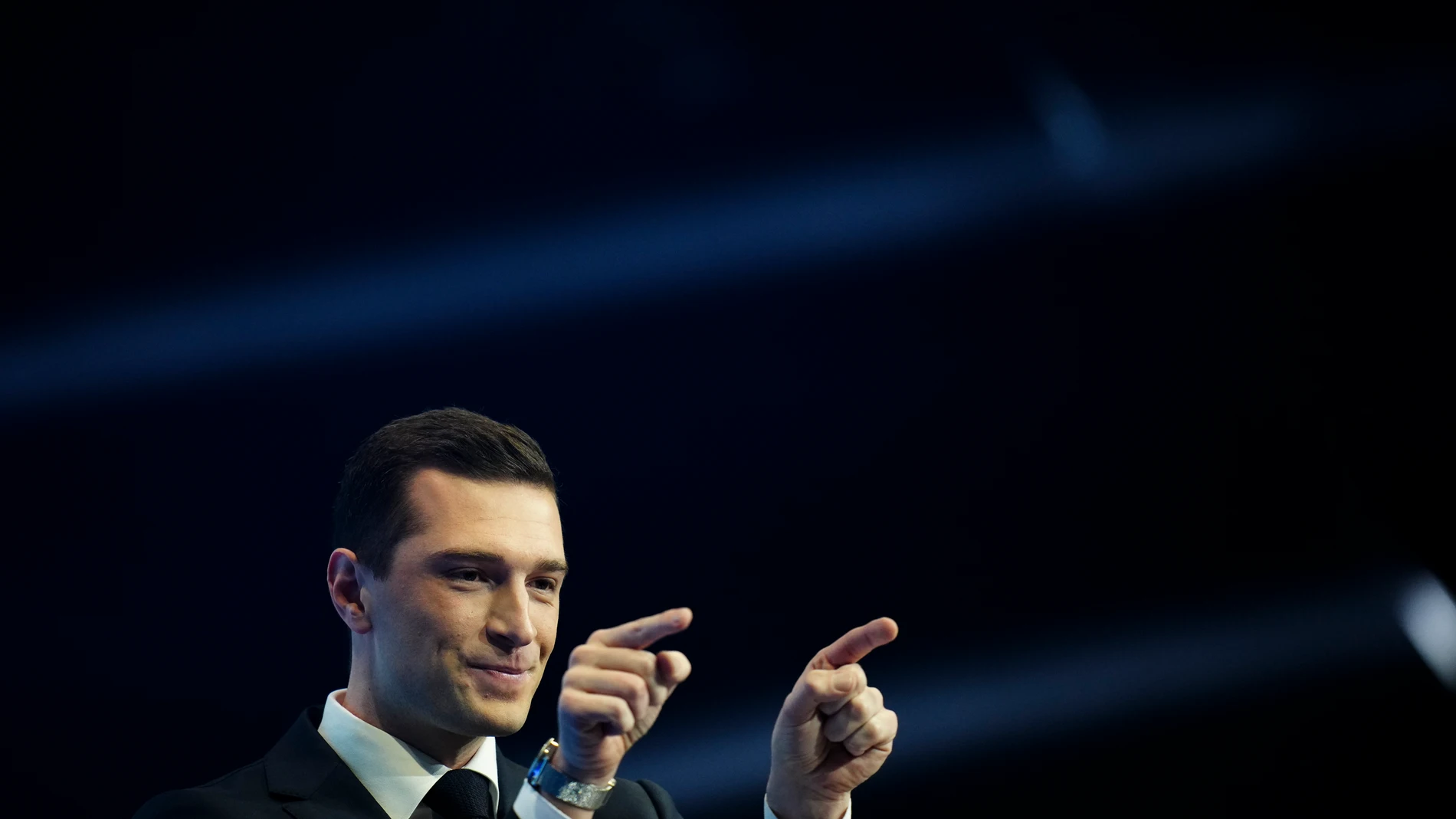 FILE - French Far-right party National Rally president Jordan Bardella delivers a speech at a meeting in Marseille, southern France, Sunday, March 3, 2024. (AP Photo/Daniel Cole, File)