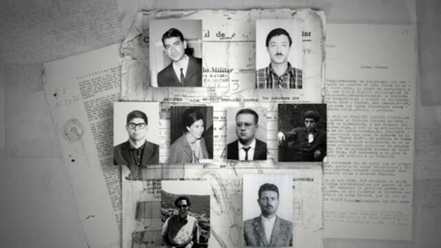 Fotograma del documental de TV3 Barcelona 1962. L’ombra dels Creix. En la foto se puede ver a Manuel Vázquez Montalbán y Anna Sallés entre otros estudiantes que pasaron por Via Laietana