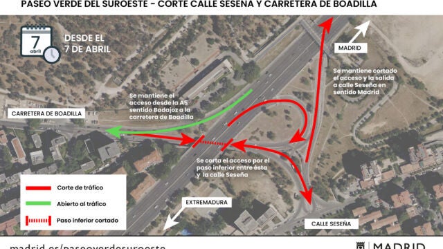 Cierre total del paso inferior de vehículos que conecta la calle de Seseña, bajo la autovía, con la carretera de Boadilla del Monte