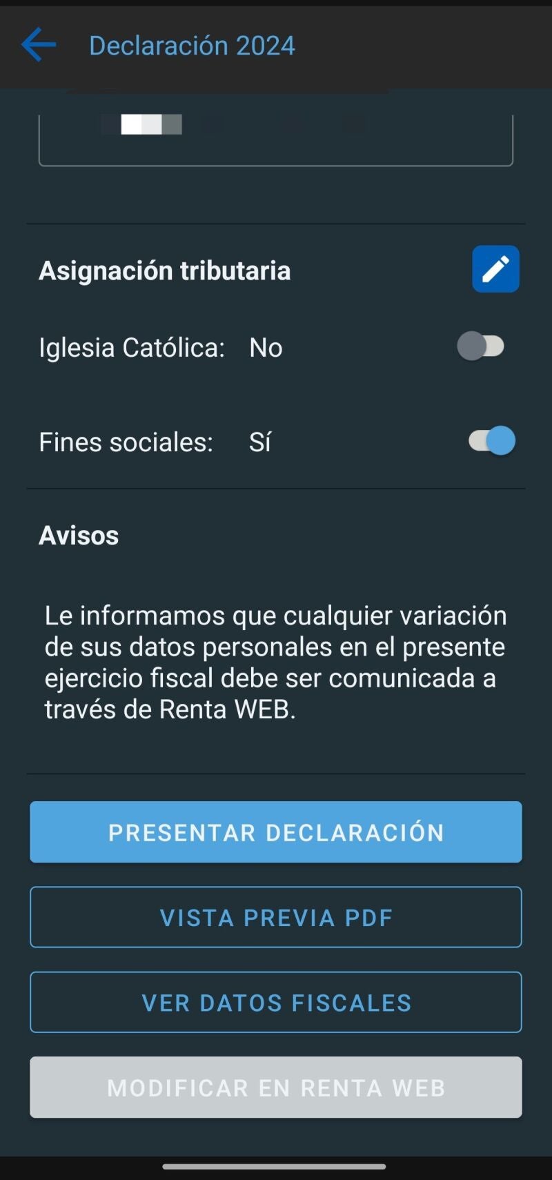Apartados de la app para presentar o modificar la declaración