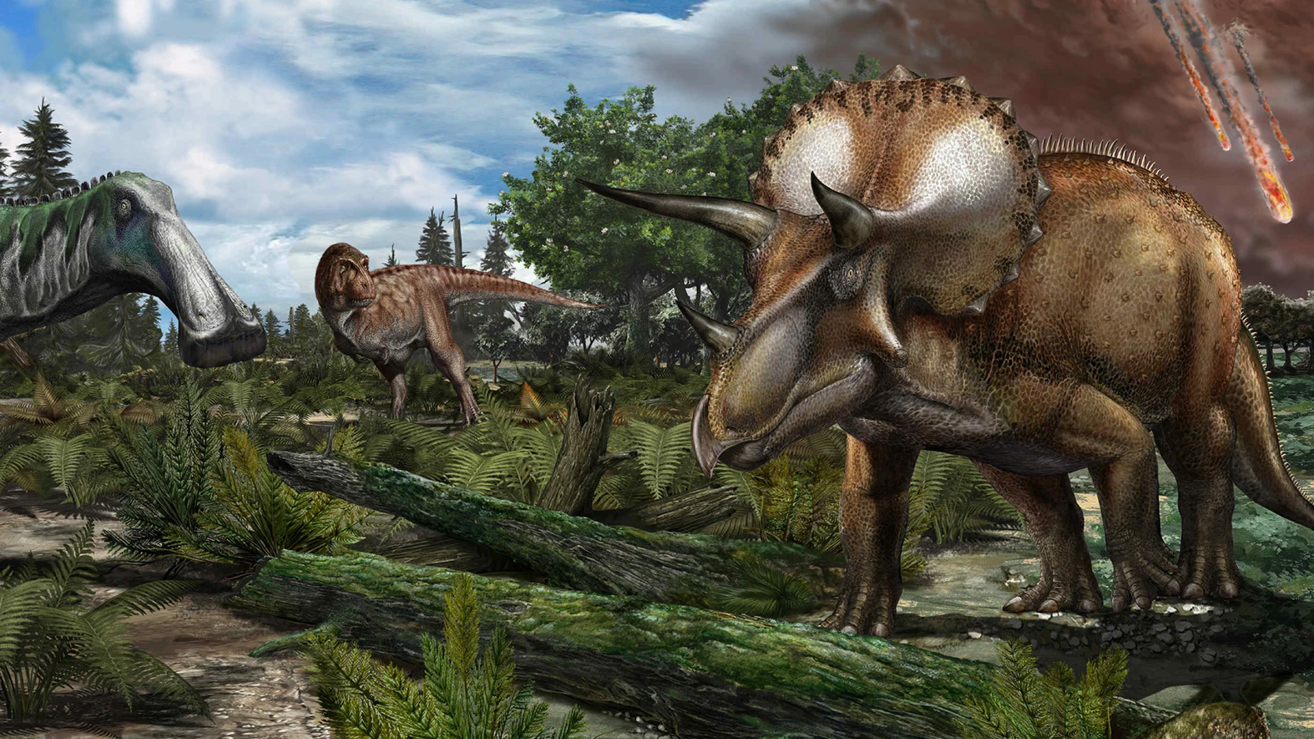 Reconstrucción de un paleoambiente del Maastrichtiense tardío (~66 millones de años atrás) en Norteamérica, donde una llanura aluvial es recorrida por dinosaurios como Tyrannosaurus rex, Edmontosaurus annectens y Triceratops prorsus.