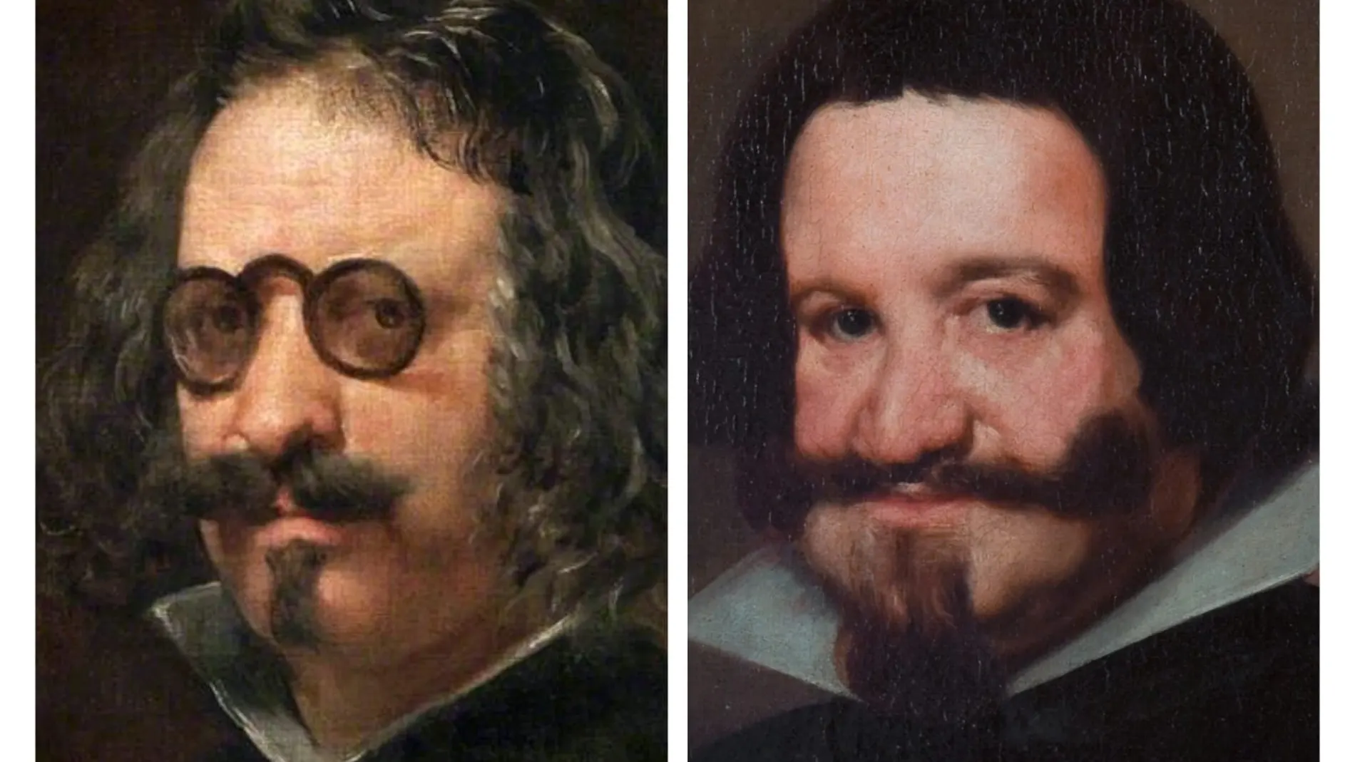 A la izda., Francisco de Quevedo y Villegas, en un retrato atribuido actualmente a Juan van der Hamen; a la dcha., la pintura que hizo Diego Velázquez del Conde-Duque de Olivares, en 1638