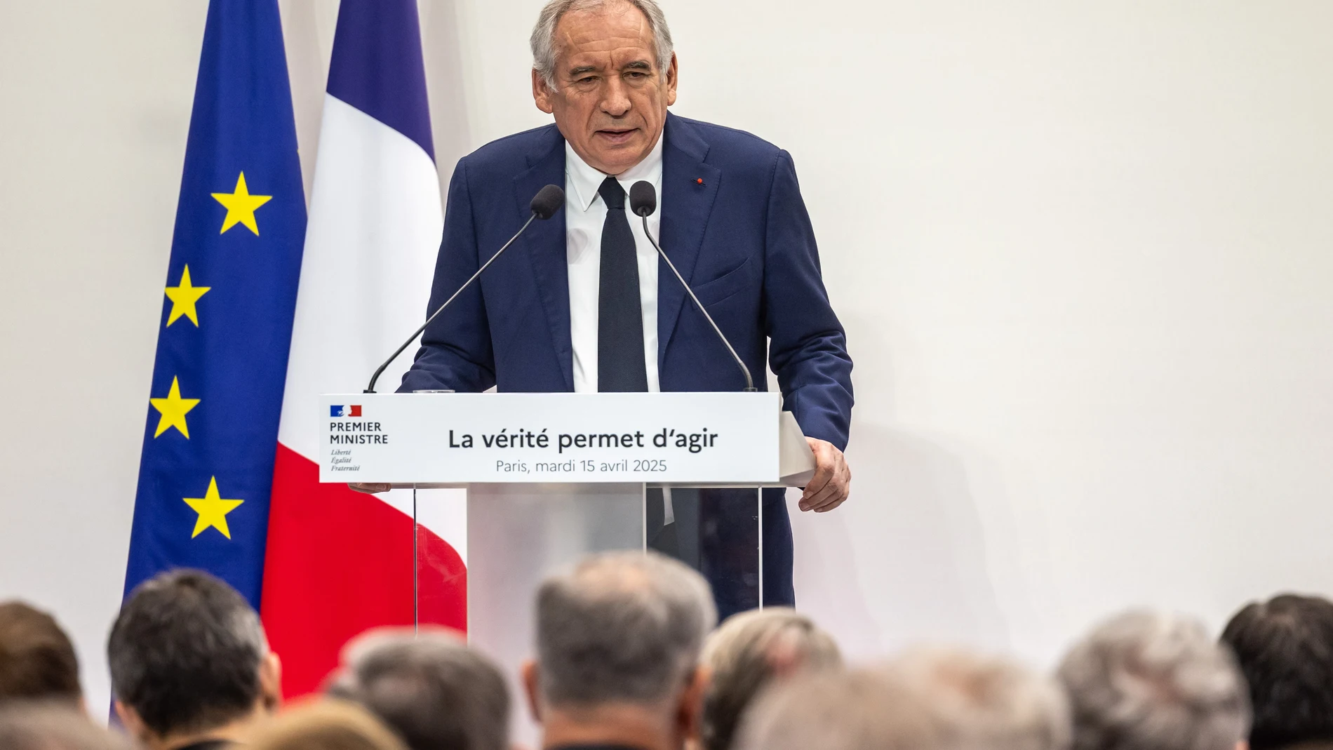 PARIS (France), 15/04/2025.- French Prime Minister Francois Bayrou speaks during a press conference to present the budget guidelines in Paris, France, 15 April 2025. (Francia) EFE/EPA/CHRISTOPHE PETIT TESSON