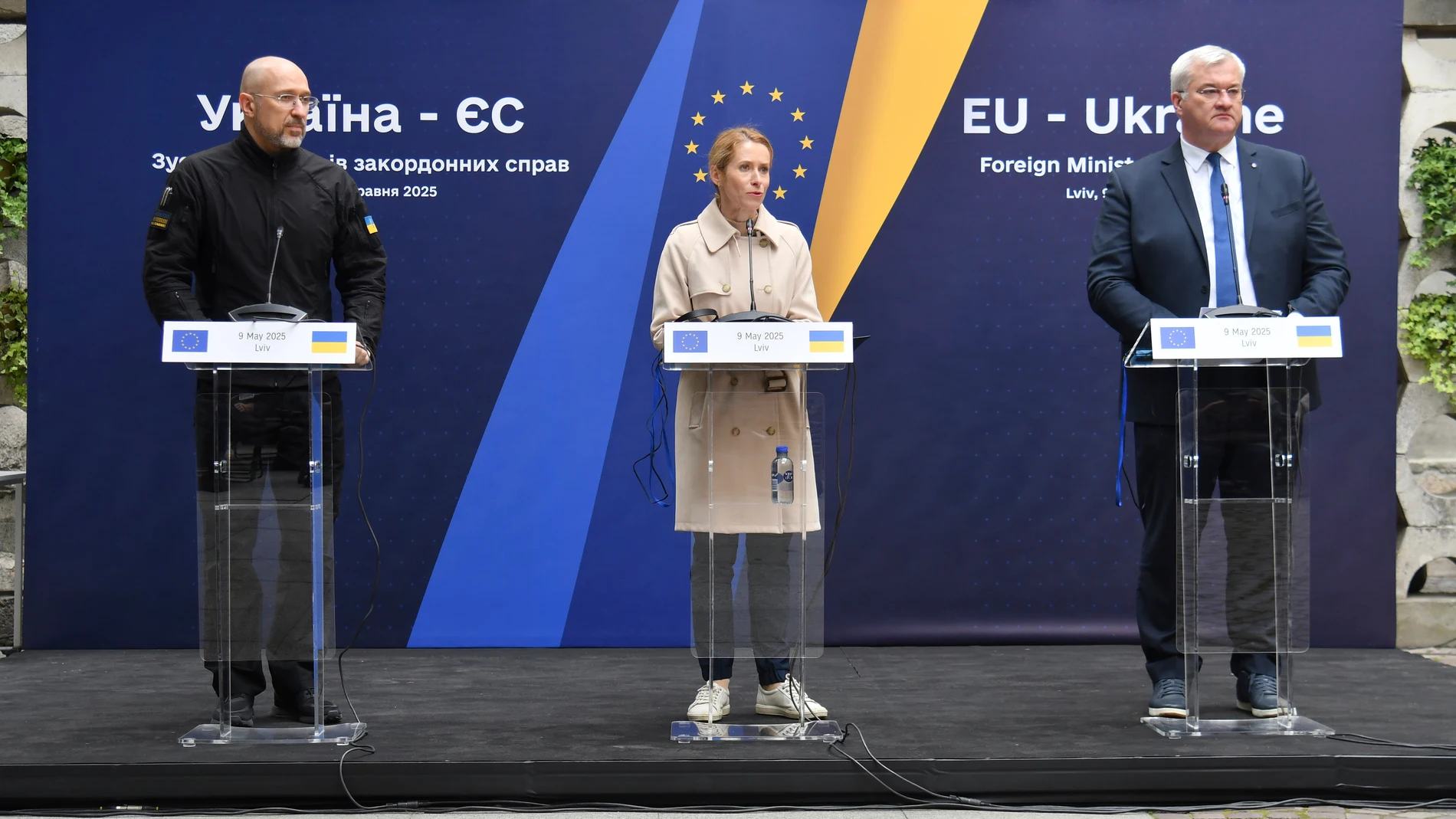 From left, Prime Minister Denys Shmyhal, High Representative of the European Union for Foreign Affairs and Security Policy Kaja Kallas and Ukraine's Foreign Minister Andrii Sybiha speak to journalists during UA-EU foreign Minister's meeting in Lviv, Ukraine, on Friday, May 9, 2025. (AP Photo/Mykola Tys)