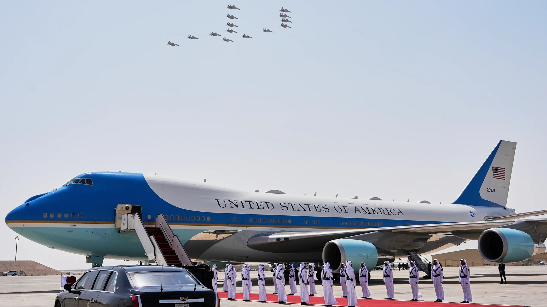 Qatar Air Force F-15 jets perform a flyover as Air Force One is ready to depart from Al Udeid Air Base, Thursday, May 15, 2025, in Doha, Qatar. (AP Photo/Alex Brandon)