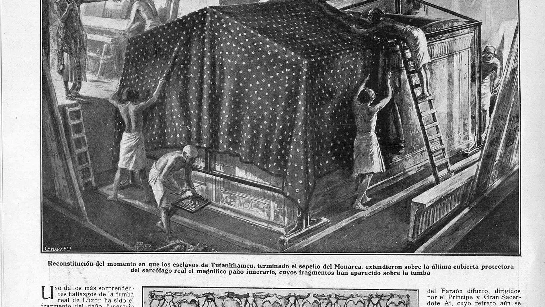 Ilustración de la revista «La Esfera» que recrea el entierro de Tutankamón