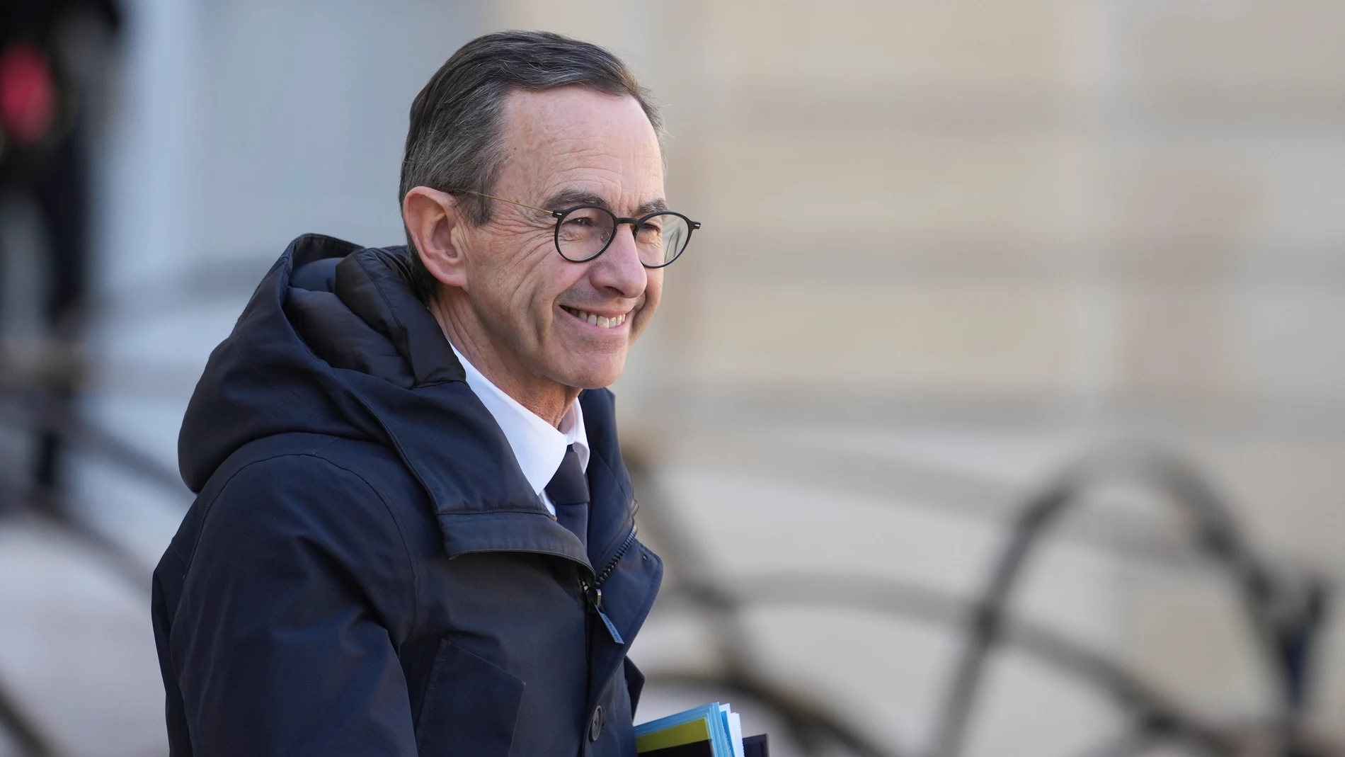 FILE - French Interior Minister Bruno Retailleau leaves the weekly cabinet meeting, Wednesday, March 19, 2025 at the Elysee Palace in Paris. (AP Photo/Thibault Camus, File)