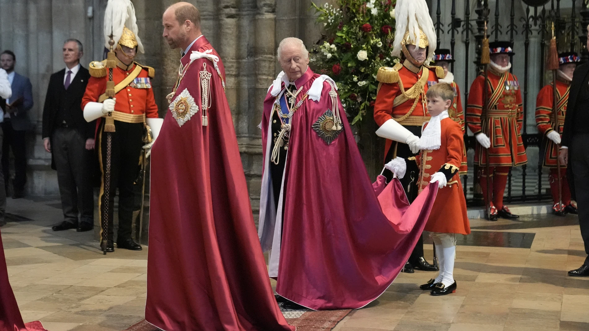 Britain's King Charles III, Sovereign Head of the Most Honourable Order of the Bath, and Prince William, Great Master of the Order, left, arrive for the Service for the Oath and Installation of the Great Master and the Knights Grand Cross, at Westminster Abbey in London, Friday May 16, 2025. (Stefan Rousseau/Pool via AP)